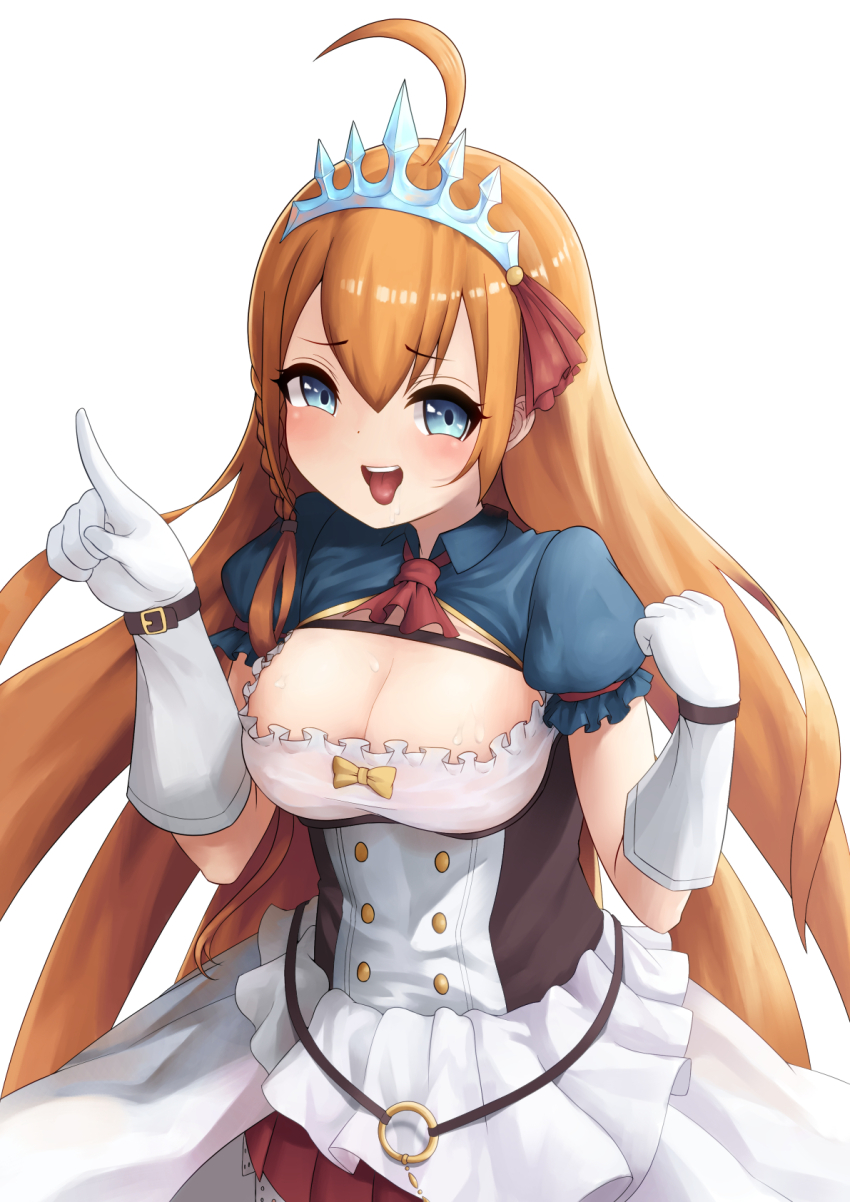 1girl blue_eyes blue_shrug blush braid breasts brown_dress cleavage dot_nose dress eyebrows eyelashes female_focus from_above gloves hands_up index_finger_raised large_breasts long_hair looking_at_viewer looking_up necktie open_mouth orange_hair pecorine_(princess_connect!) princess_connect! red_necktie shrug_(clothing) skirt smug solo strapless strapless_dress suzumiya_ran tiara tongue tongue_out two-tone_dress upper_body white_dress white_gloves