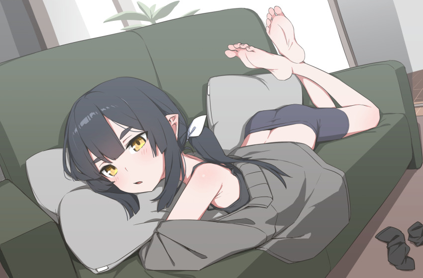 1girl akari_(raigou) barefoot bike_shorts black_hair blonde_hair couch elf feet highres indoors lying on_stomach open_mouth original pillow plant pointy_ears ponytail raigou sidelocks socks soles solo the_pose thick_eyebrows toes unworn_socks yellow_eyes