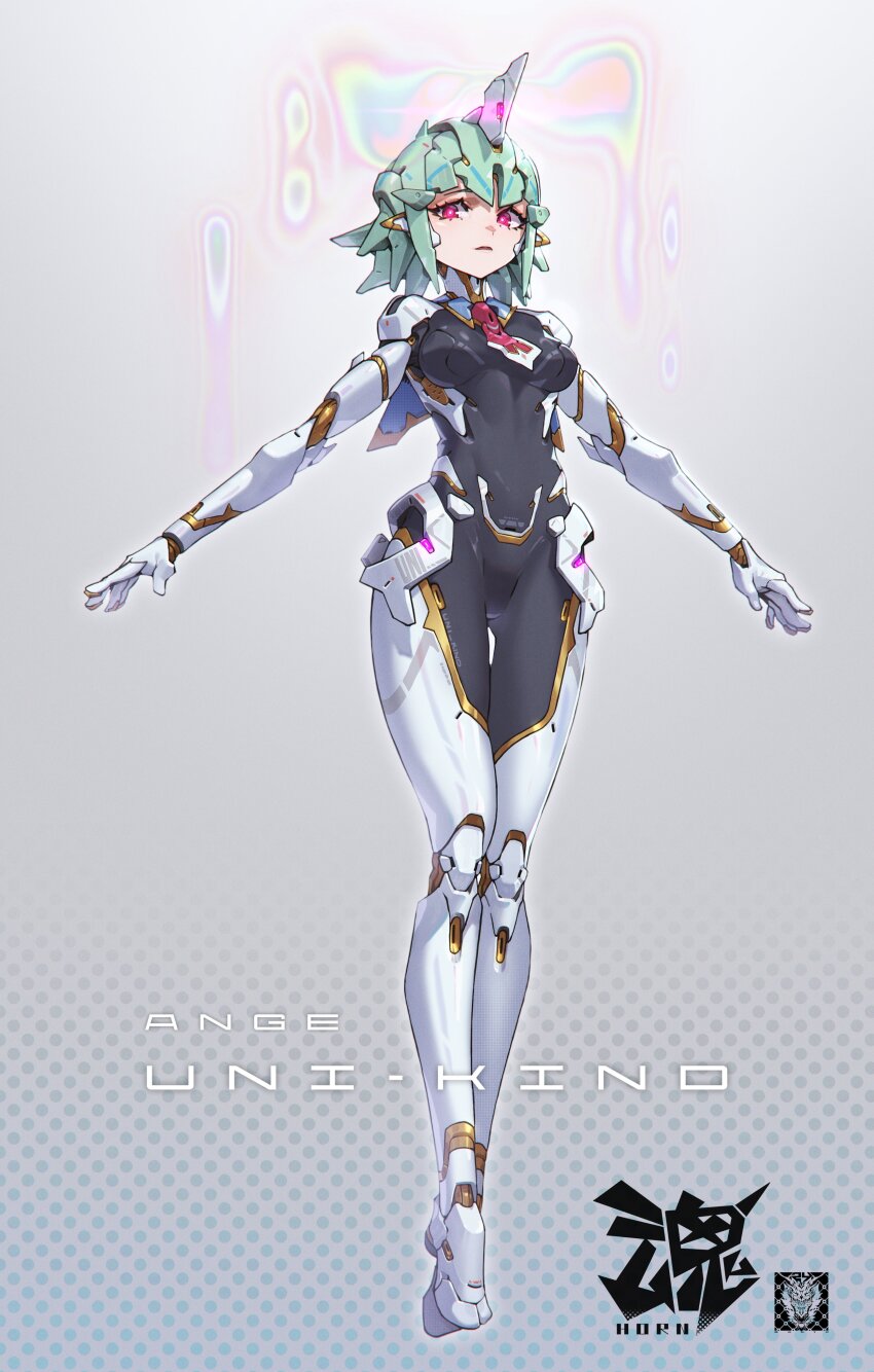 1girl absurdres android breasts character_request commentary_request copyright_request full_body glowing glowing_eyes green_hair highres horns joints korean_commentary looking_at_viewer mar10 mechanical_hair medium_breasts plantar_flexion red_eyes robot_joints short_hair single_horn solo