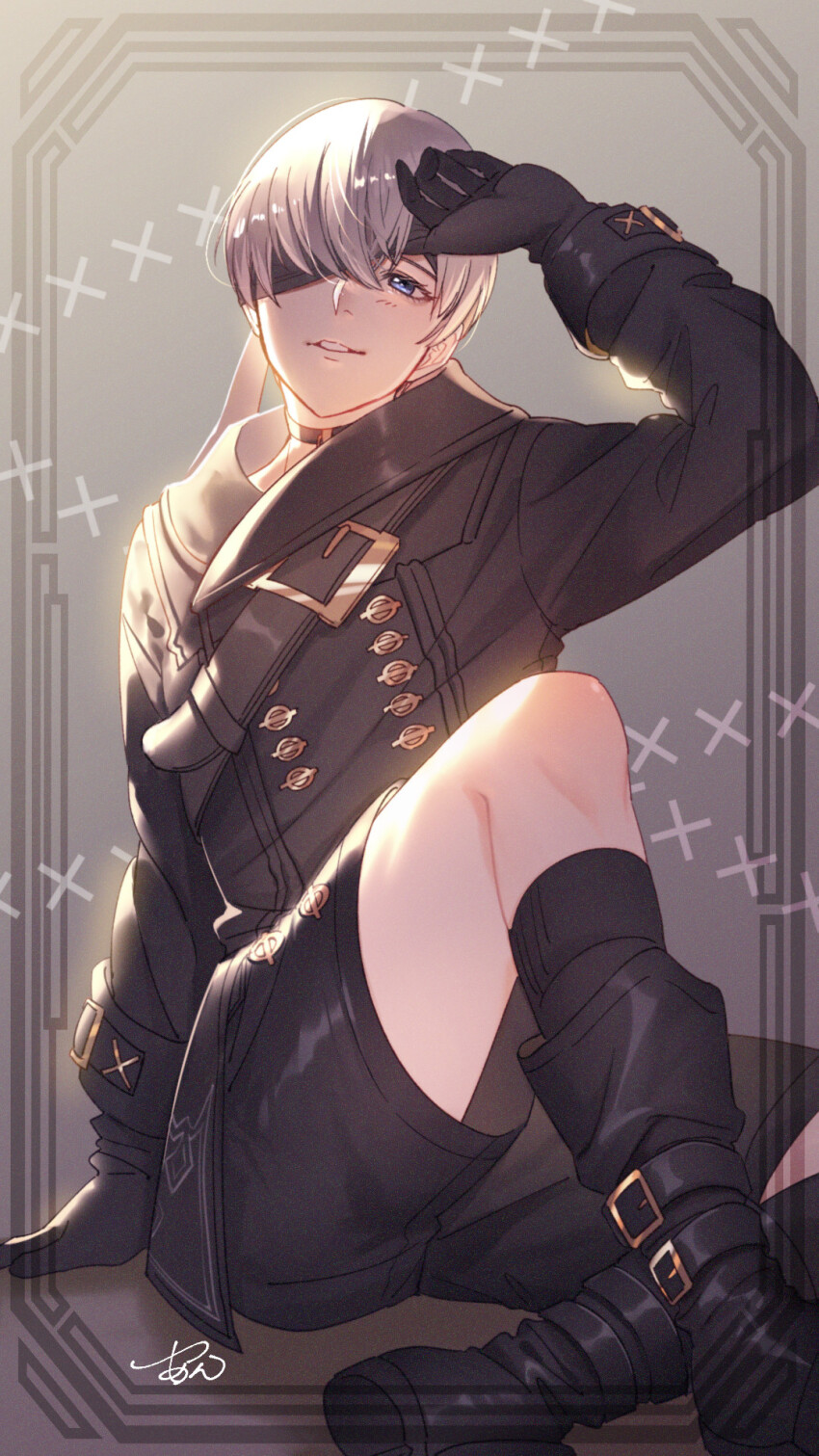 1boy 9s_(nier:automata) black_blindfold black_choker black_footwear black_gloves black_jacket black_shorts black_socks blindfold blindfold_lift blue_eyes boots choker gloves grey_background grey_hair hair_between_eyes highres jacket light_blush long_sleeves male_focus nier:automata nier_(series) parted_lips pendant_choker short_hair shorts signature sitting smile socks solo tsu-an