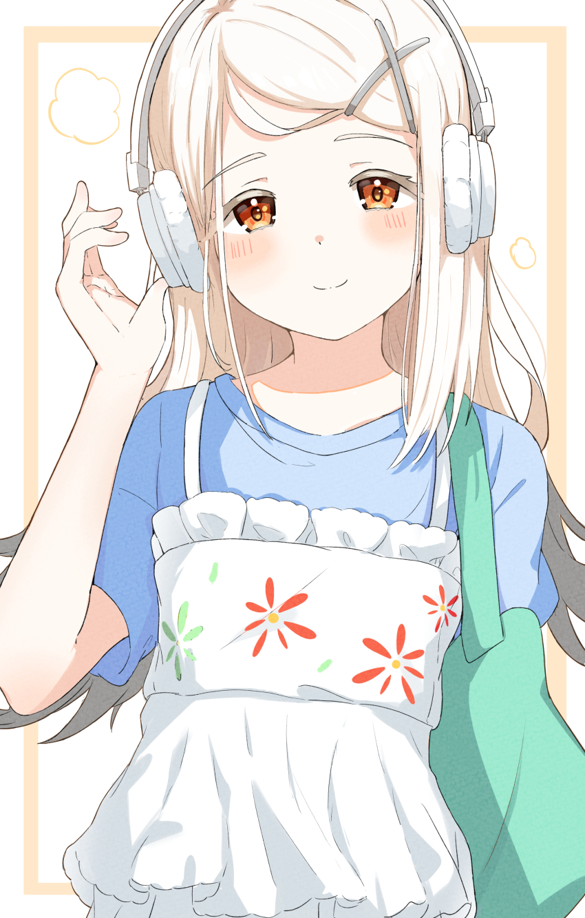 1girl absurdres bag blonde_hair blue_shirt blush brown_eyes commentary_request dot_nose dress flat_chest floral_print frilled_dress frills gakuen_idolmaster green_bag hair_ornament hairclip hand_up headphones highres idolmaster long_hair looking_at_viewer print_dress raichita shinosawa_hiro shirt shoulder_bag sidelocks smile solo thick_eyelashes upper_body white_background white_dress