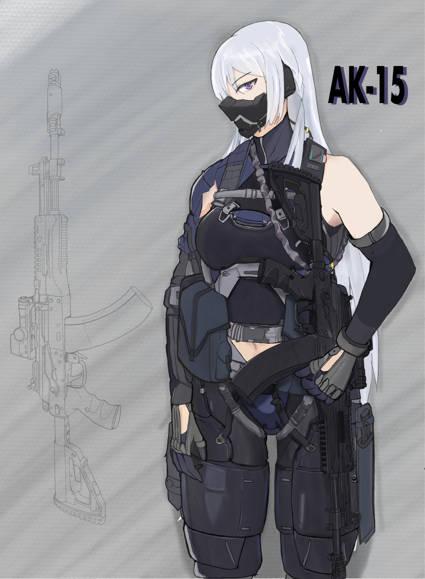 1girl absurdres ak-15 ak-15_(girls&#039;_frontline) armor assault_rifle breasts character_name commentary commentary_request cowboy_shot girls&#039;_frontline gun gun_sling highres holding holding_gun holding_weapon kalashnikov_rifle long_hair looking_at_viewer mask mouth_mask plate_armor pouch purple_eyes red_pupils rifle solo tactical_clothes taiyoxxx weapon weapon_name white_hair