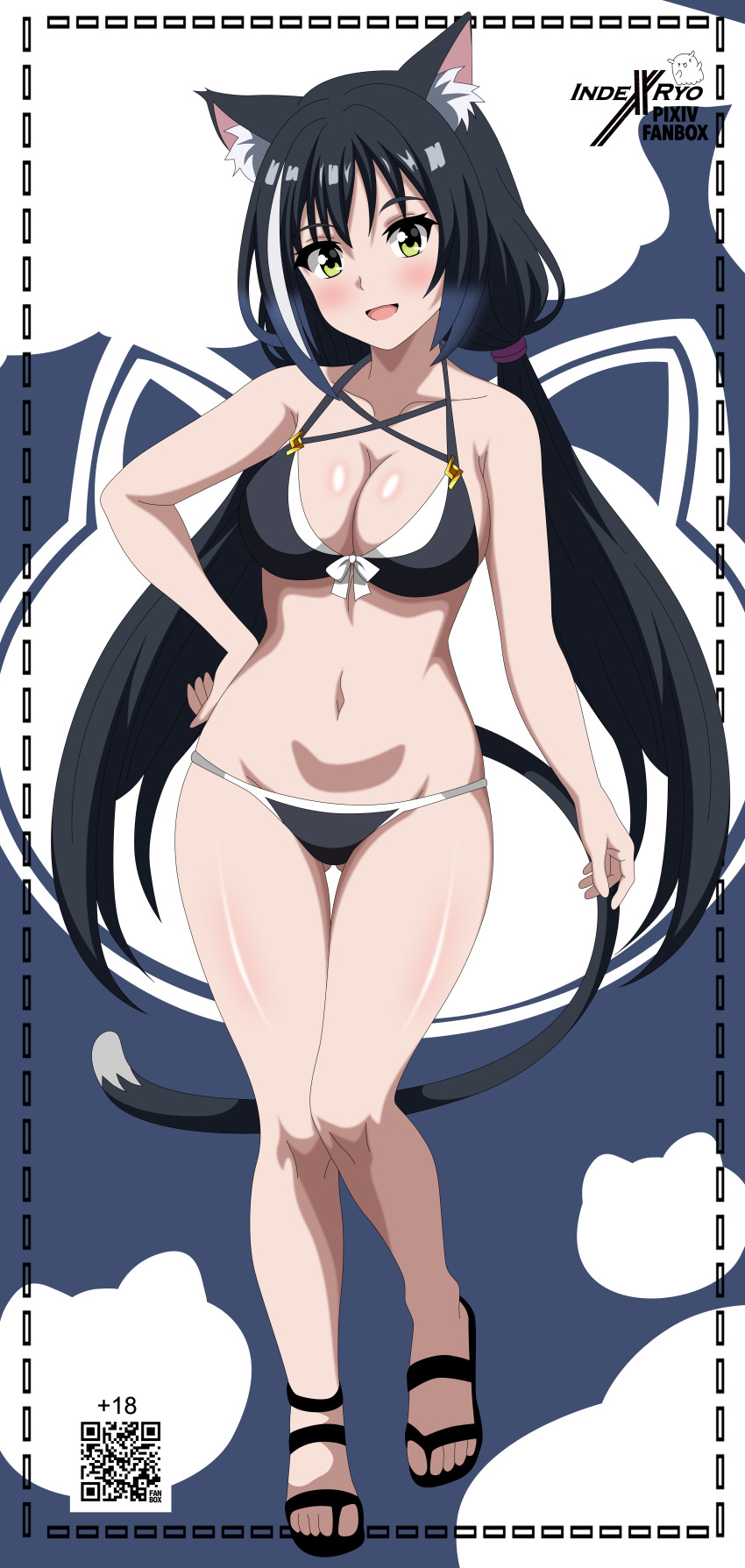 1girl absurdres alternate_costume animal_ear_fluff animal_ears bikini black_bikini black_ears black_hair black_tail breasts cat_ears cat_girl cat_tail cleavage full_body green_eyes hand_on_own_hip highres indexryo karyl_(princess_connect!) long_hair low_twintails multicolored_hair open_mouth princess_connect! sandals smile solo standing streaked_hair swimsuit tail twintails white_streaks