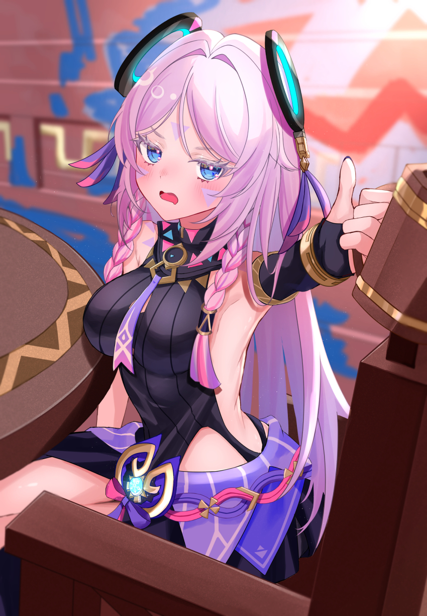 1girl bare_shoulders blue_eyes braid breasts citlali_(genshin_impact) cup genshin_impact hair_intakes highres holding holding_cup indoors large_breasts long_hair looking_at_viewer mug open_mouth pink_hair ring_hair_ornament rinmel9 sitting sleeveless solo twin_braids very_long_hair