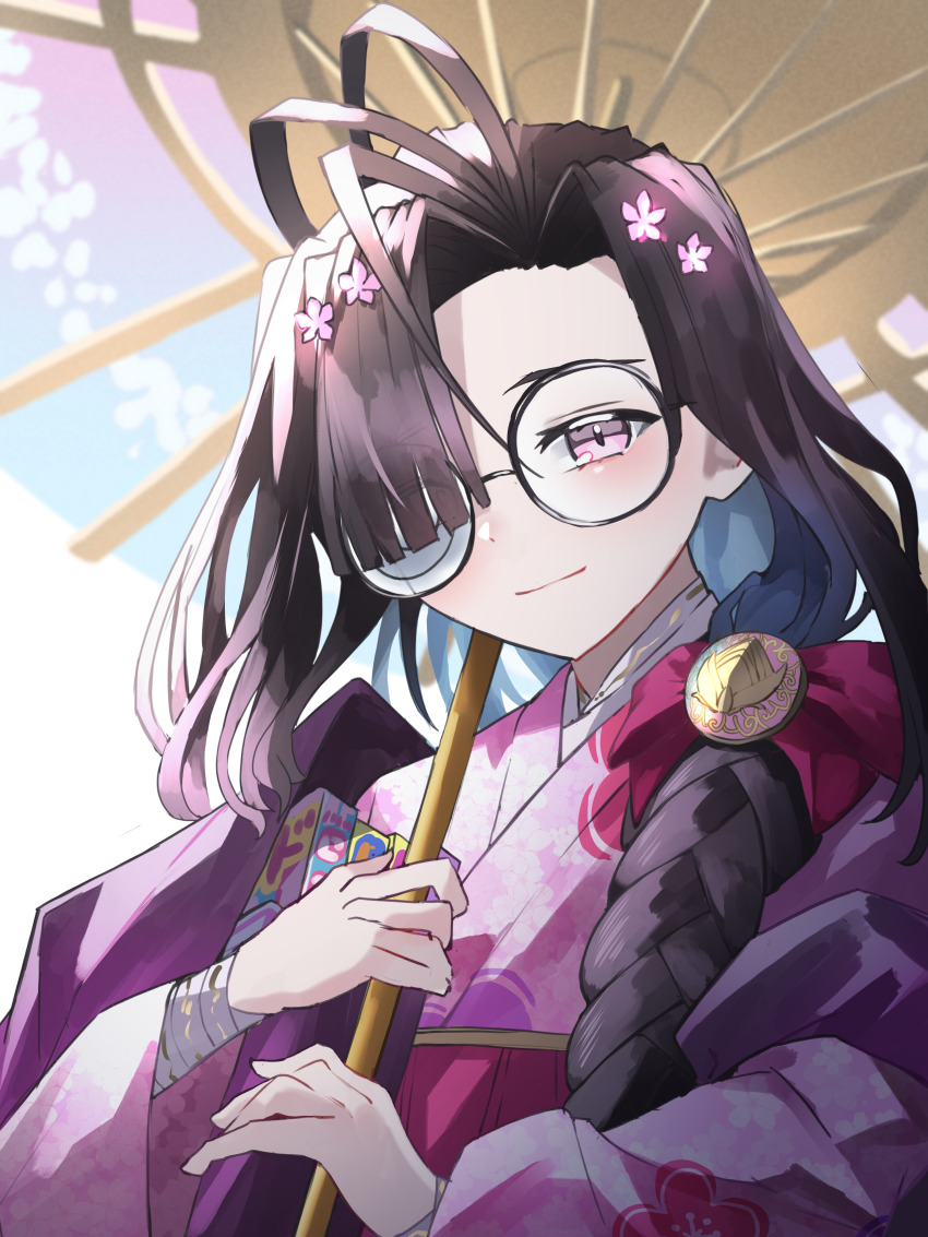 1girl absurdres braid breasts brown_hair character_request fate/grand_order fate_(series) flower glasses hair_flower hair_ornament highres japanese_clothes kimono long_hair long_sleeves looking_at_viewer mess_h_j oil-paper_umbrella parted_bangs pink_kimono purple_eyes sash small_breasts smile umbrella wide_sleeves