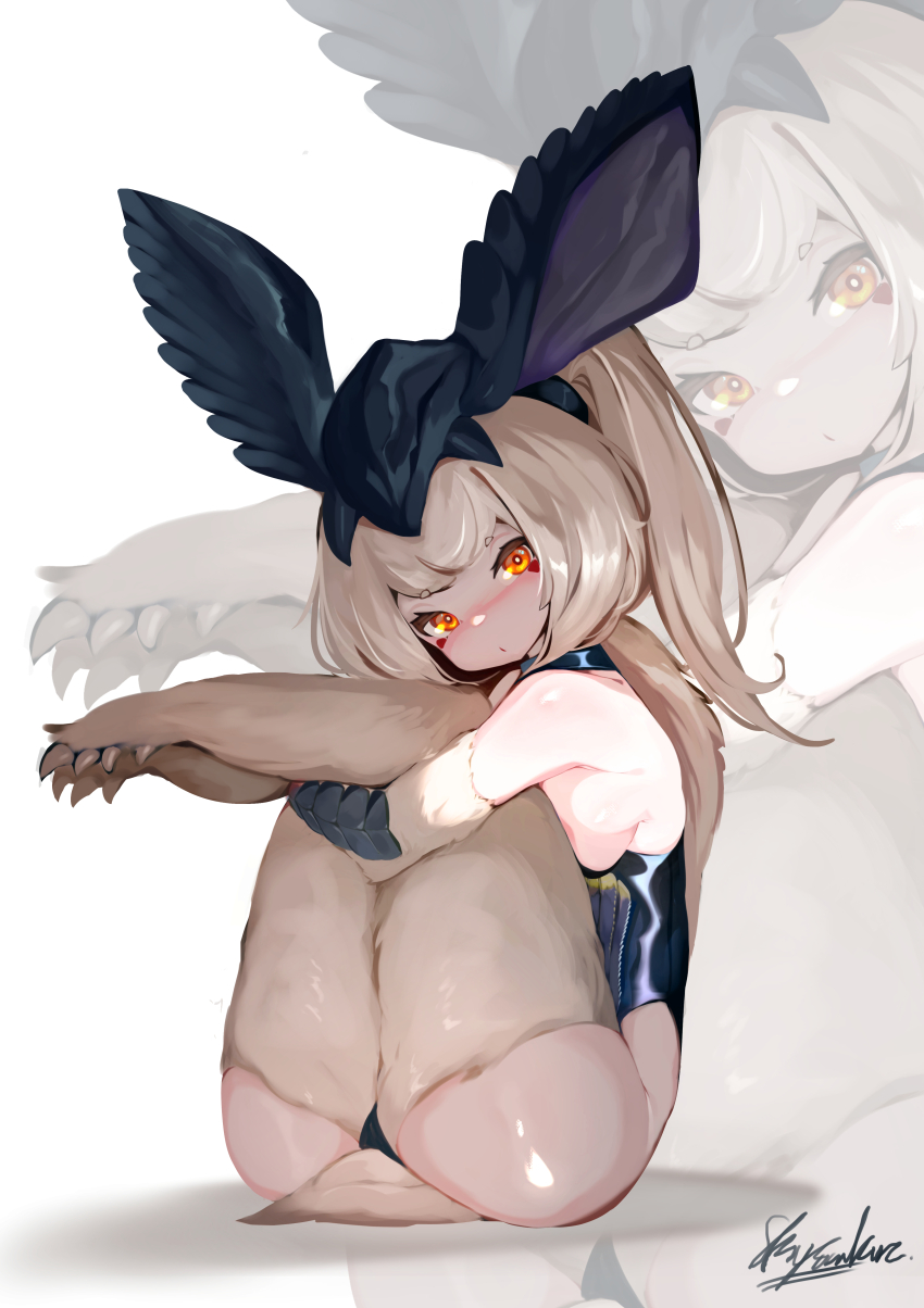 1girl absurdres animal_ears animal_legs armpit_crease artist_name ass black_bustier black_collar black_panties blonde_hair blush breasts claws collar covering_nipples covering_privates crossed_arms facial_mark full_body head_tilt highres holding_own_leg lagombi large_breasts legs_up long_hair looking_at_viewer monster_hunter_(series) orange_eyes panties personification ponytail rabbit_ears rabbit_tail signature sitting solo sora_sakura tail thick_thighs thighs underwear