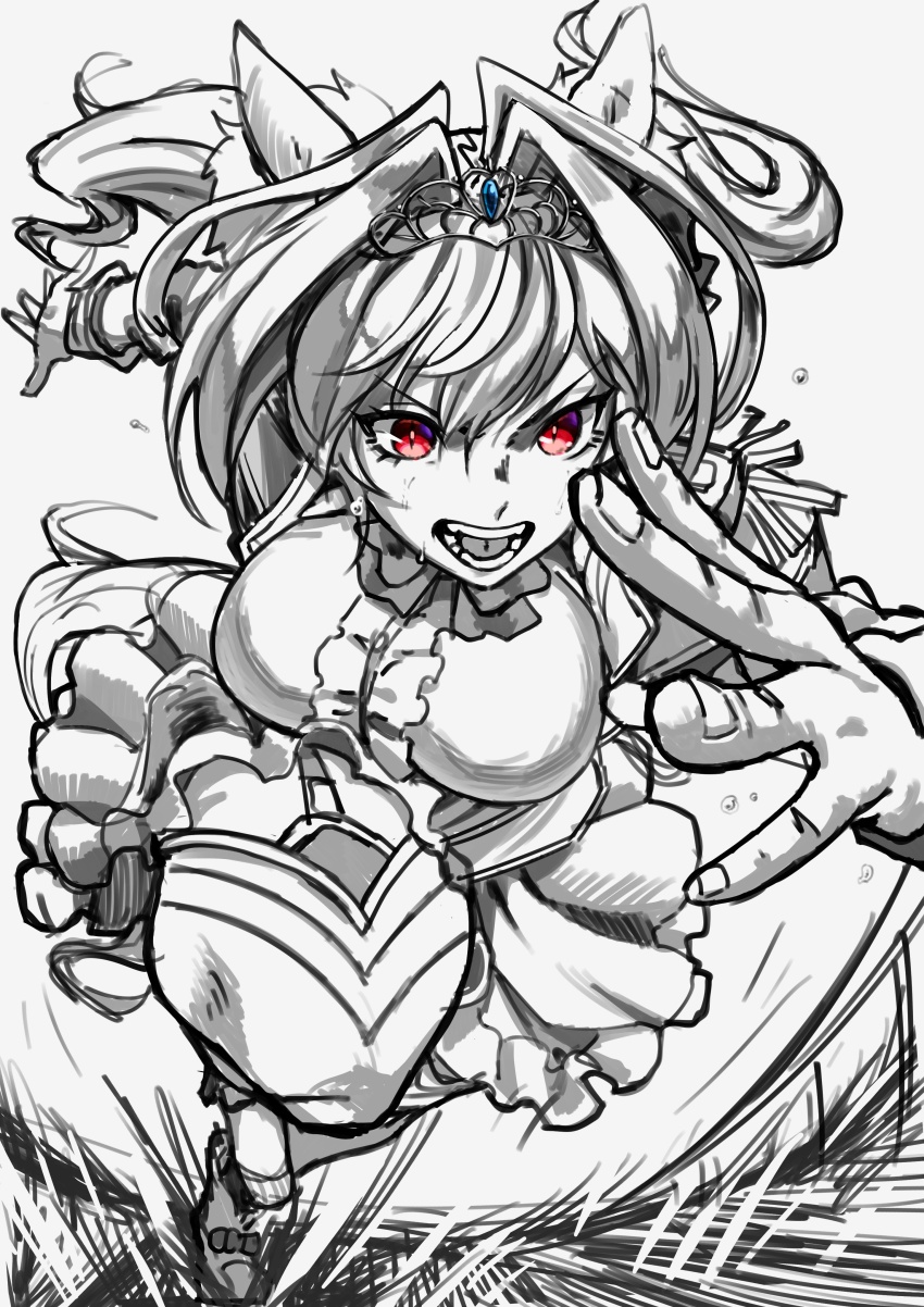 1girl absurdres animal_ears breasts daiwa_scarlet_(umamusume) epaulettes floating_hair hair_intakes highres horse_ears large_breasts monochrome red_eyes running solo sweat tiara twintails umamusume unfinished utsuke_(u_tuk_e)