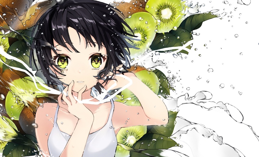 1girl bare_shoulders black_hair collarbone dress fingernails food fruit green_eyes hand_to_head hand_to_own_mouth hand_up hands_up highres kiwi_(fruit) leaf looking_at_viewer original parted_lips ruffling_hair short_hair sogawa66 solo teeth upper_body water water_drop white_dress