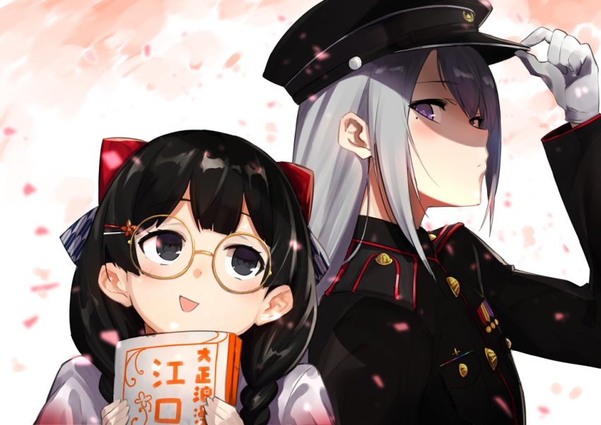 2girls :d bad_id bad_twitter_id bespectacled black_eyes black_hair blush book bow braid cherry_blossoms closed_mouth glasses gloves grey_hair hair_bow hair_down hair_ornament hair_over_shoulder hairclip hat higuchi_kaede higuchi_kaede_(8th_costume) holding holding_book long_hair long_sleeves looking_at_another looking_to_the_side medal military military_hat military_uniform mole mole_under_eye multiple_girls nijisanji nuezou open_mouth petals purple_eyes round_eyewear smile smirk tsukino_mito tsukino_mito_(4th_costume) twin_braids upper_body virtual_youtuber white_gloves