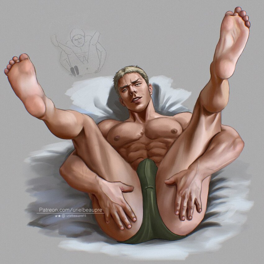 1boy abs ass bara black_hair briefs bulge feet green_male_underwear large_pectorals legs_up lying male_focus male_underwear muscular muscular_male nipples on_back parted_lips patreon_username pectorals reiner_braun shingeki_no_kyojin short_hair solo spread_legs twitter_username underwear urielbeaupre15