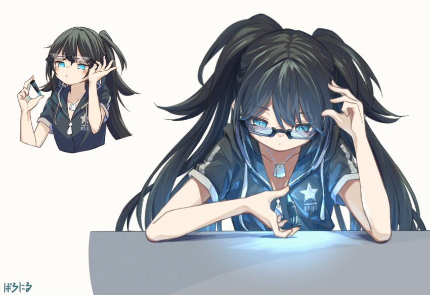 animal_collar baronilu bespectacled black_hair black_rock_shooter black_rock_shooter_(character) black_shirt blue_eyes bullet collar glasses highres holding holding_bullet long_hair shirt short_sleeves star_(symbol) star_print twintails zipper_pull_tab