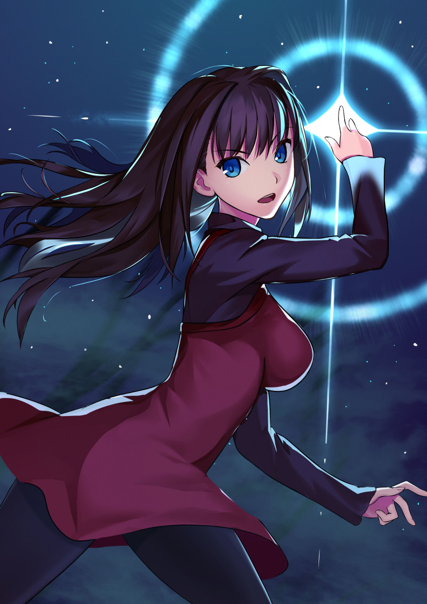 1girl absurdres aozaki_aoko black_pantyhose black_sweater blue_eyes breasts brown_hair buttons commentary cqqz0707 dress floating_hair glowing hair_between_eyes hair_intakes highres large_breasts light_particles long_hair long_sleeves looking_at_viewer magic mahou_tsukai_no_yoru open_mouth pantyhose red_dress solo sweater teeth tongue upper_teeth_only