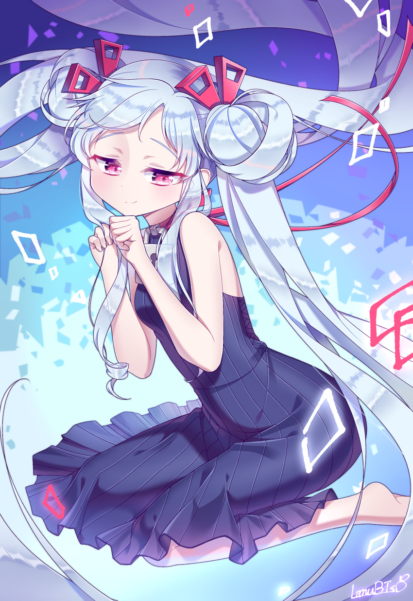 1girl absurdres barefoot bemani blue_dress blue_hair clenched_hands dress hair_ornament hairclip highres jubeat lanubis light_blue_hair light_smile lock_necklace long_hair maud red_eyes red_ribbon ribbon signature sleeveless sleeveless_dress tearing_up twintails