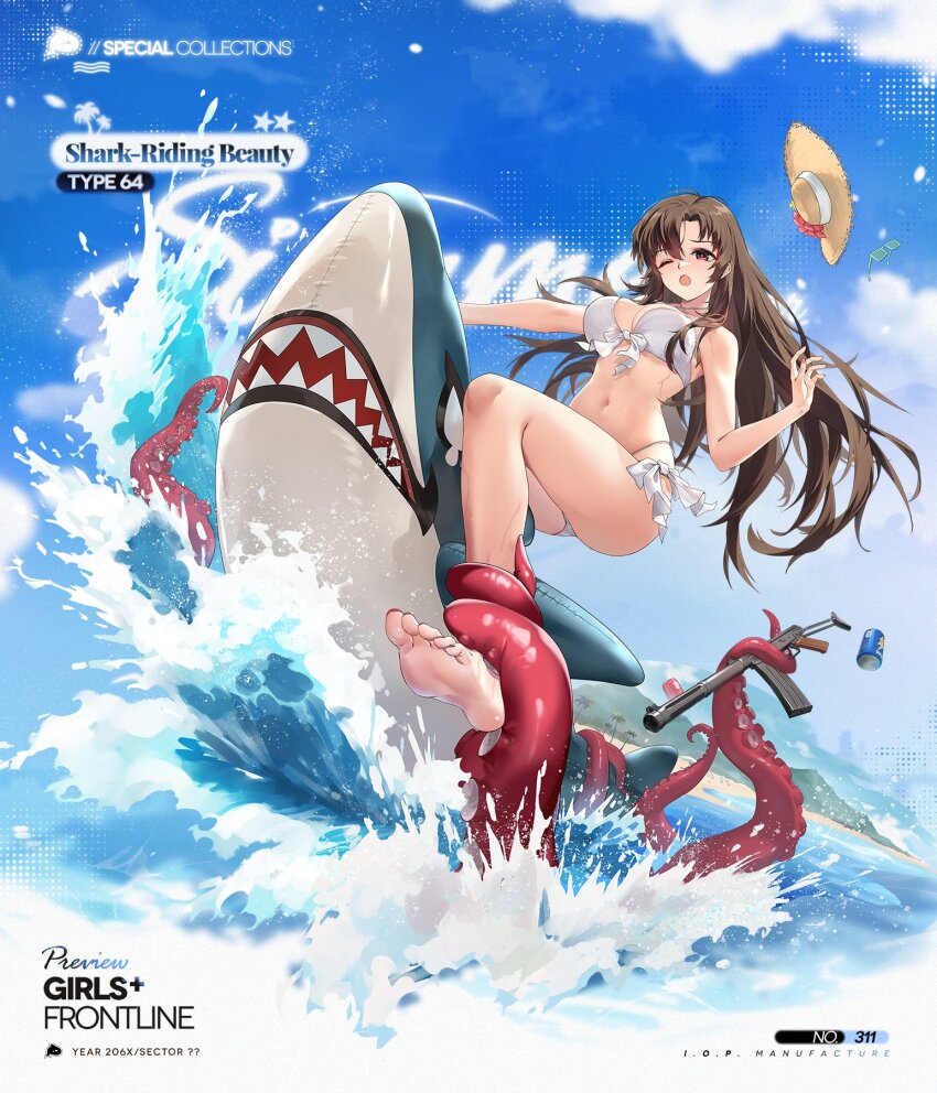 1girl ;o ankle_grab barefoot beach bikini blush breasts brown_hair can character_name chilunchilun commentary copyright_name criss-cross_halter day drink_can english_commentary feet fingernails flower girls&#039;_frontline green-framed_eyewear gun halterneck hand_up hat hat_flower highres inflatable_shark inflatable_toy large_breasts long_hair mountainous_horizon nail_polish octopus official_alternate_costume official_art one_eye_closed open_mouth outdoors palm_tree pink_nails promotional_art red_eyes red_flower riding second-party_source shutter_shades skindentation soda_can soles solo splashing star_(symbol) straw_hat submachine_gun sun_hat swimsuit tentacles toenail_polish toenails toes tree type_64_(girls&#039;_frontline) type_64_(shark-riding_beauty)_(girls&#039;_frontline) type_64_smg unworn_eyewear unworn_hat unworn_headwear very_long_hair water weapon white_bikini