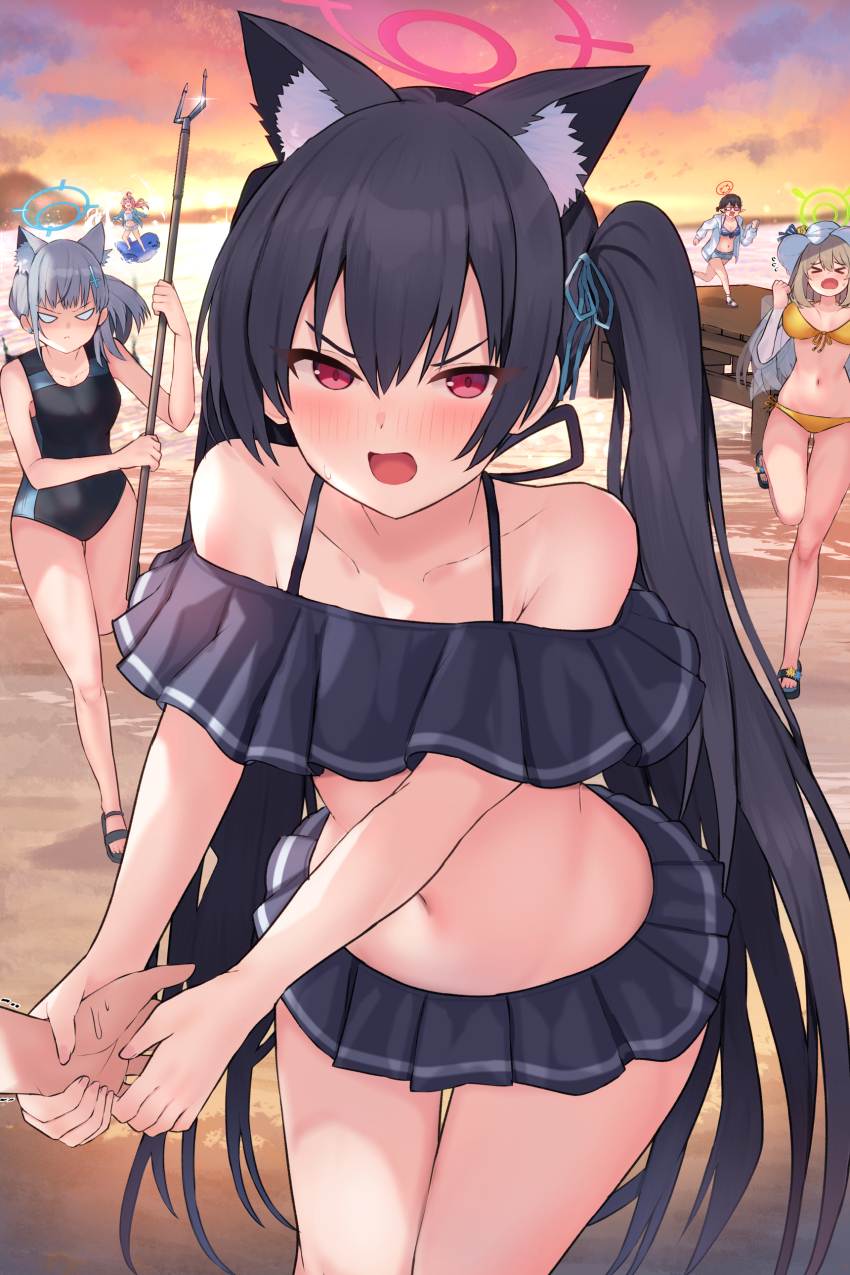 &gt;_&lt; 1other 5girls absurdres ahoge animal_ear_fluff animal_ears ayane_(blue_archive) ayane_(swimsuit)_(blue_archive) bare_arms bare_legs bare_shoulders beach bikini black_bikini black_hair black_one-piece_swimsuit blue_archive blue_jacket blue_shorts blush cat_ears closed_eyes closed_mouth collarbone competition_swimsuit cross_hair_ornament extra_ears frilled_bikini frills front-tie_bikini_top front-tie_top glasses grey_hair hair_ornament hat highres hoshino_(blue_archive) hoshino_(swimsuit)_(blue_archive) jacket light_brown_hair long_hair long_sleeves medium_hair mi_taro333 multiple_girls navel nonomi_(blue_archive) nonomi_(swimsuit)_(blue_archive) ocean official_alternate_costume one-piece_swimsuit open_clothes open_jacket open_mouth outdoors pink_hair pointy_ears red-framed_eyewear red_eyes sandals serika_(blue_archive) serika_(swimsuit)_(blue_archive) shiroko_(blue_archive) shiroko_(swimsuit)_(blue_archive) short_hair shorts side-tie_bikini_bottom striped_bikini striped_clothes swimsuit twintails white_bikini white_hat white_jacket wolf_ears yellow_bikini