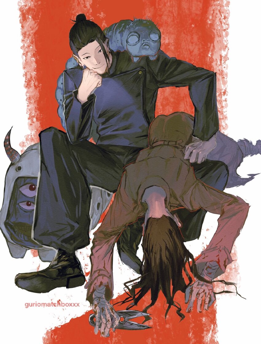 2boys artist_name black_eyes black_footwear black_hair black_jacket black_pants closed_mouth ear_piercing full_body getou_suguru guri_otoko hair_bun hair_pulled_back head_rest highres jacket jujutsu_kaisen jujutsu_tech_uniform long_hair looking_at_viewer male_focus monster multiple_boys pants piercing school_uniform shoes short_hair smile worm