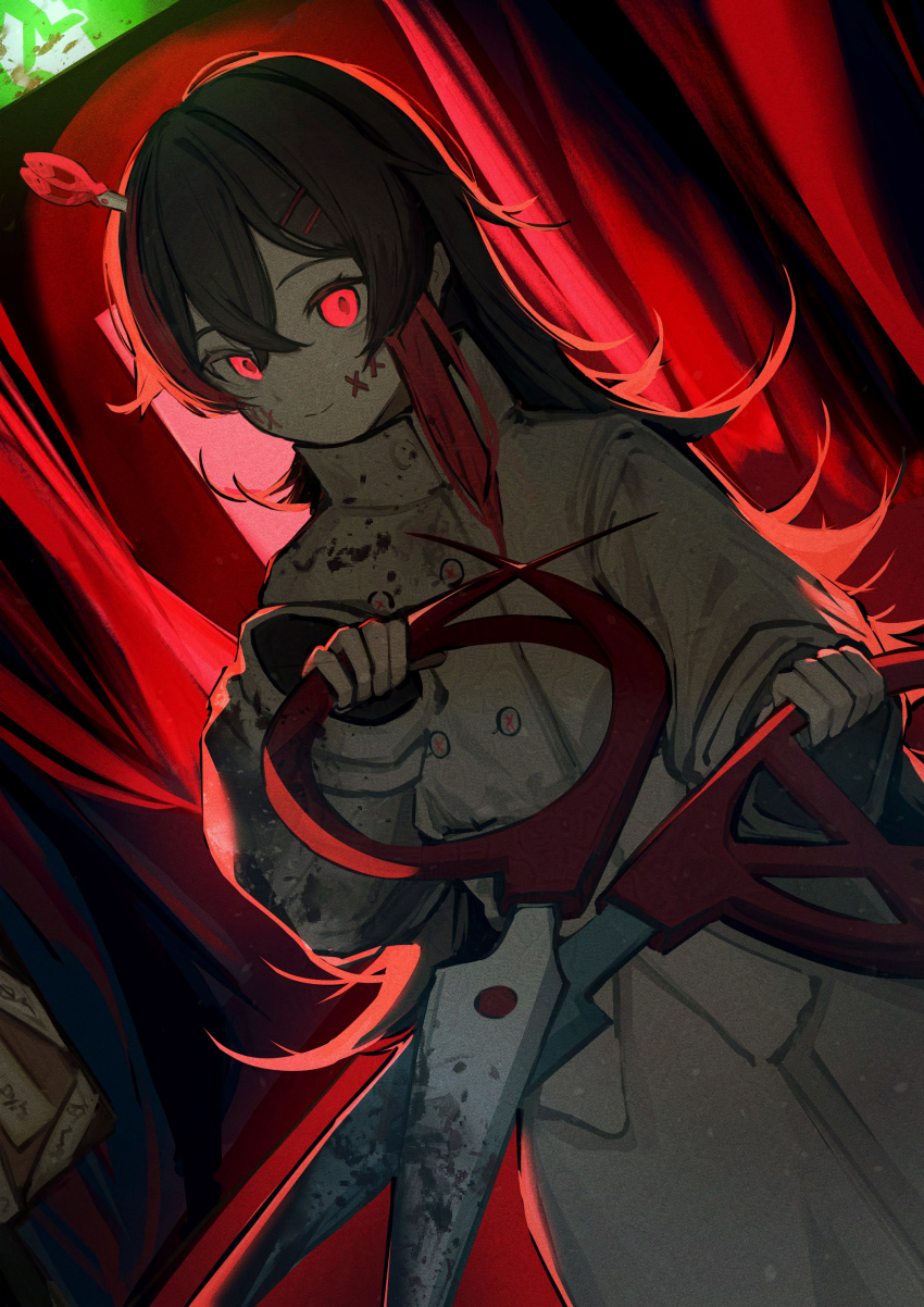 absurdres black_hair coyote319514 hair_ornament hairclip high_collar highres holding holding_scissors kuchisake-onna long_hair long_sleeves looking_at_viewer multicolored_hair original red_eyes red_hair scissors smile stitched_mouth stitches