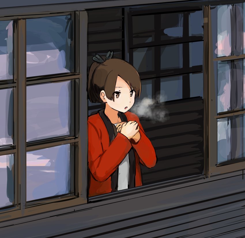 1girl absurdres black_hairband breath brown_eyes brown_hair cold commentary_request hair_ribbon hair_tie hairband highres jacket kantai_collection looking_ahead looking_outside morakkyo_(mephilas_g3) open_mouth open_window own_hands_together parted_bangs ponytail red_jacket ribbon shikinami_(kancolle) shirt short_hair solo white_shirt window wooden_floor wooden_wall