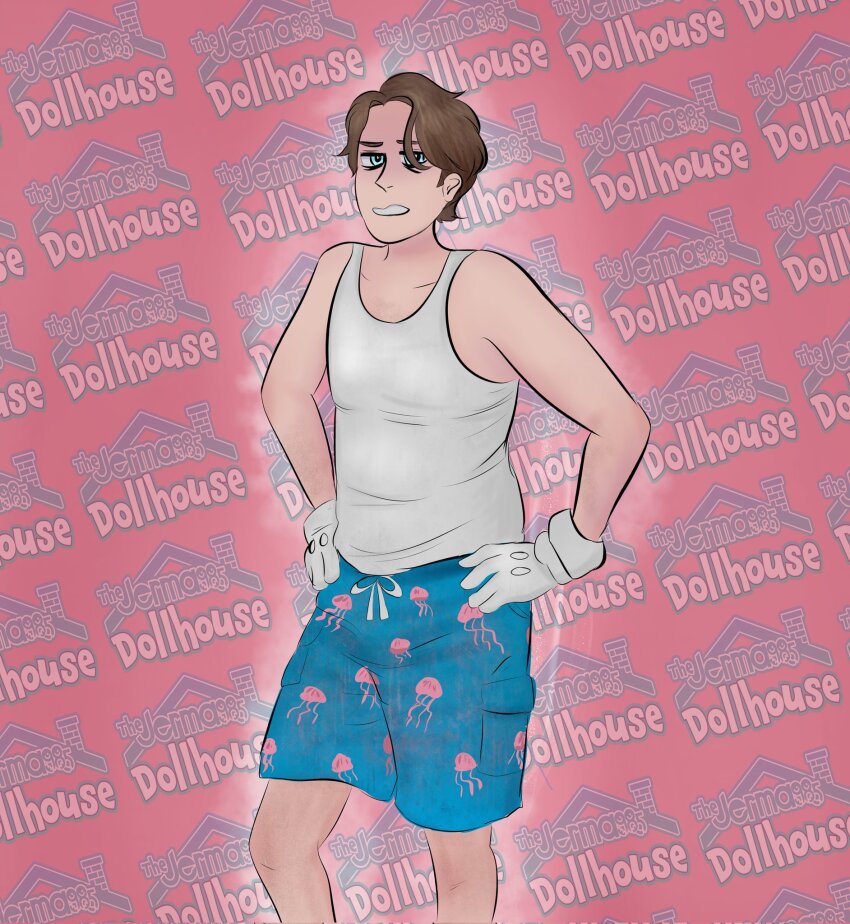 1boy animification blue_eyes blue_shorts brown_hair gloves hands_on_own_hips highres jerma985 jerma985_(person) looking_at_viewer male_focus mega_madds shirt shorts standing tank_top white_gloves white_shirt white_tank_top