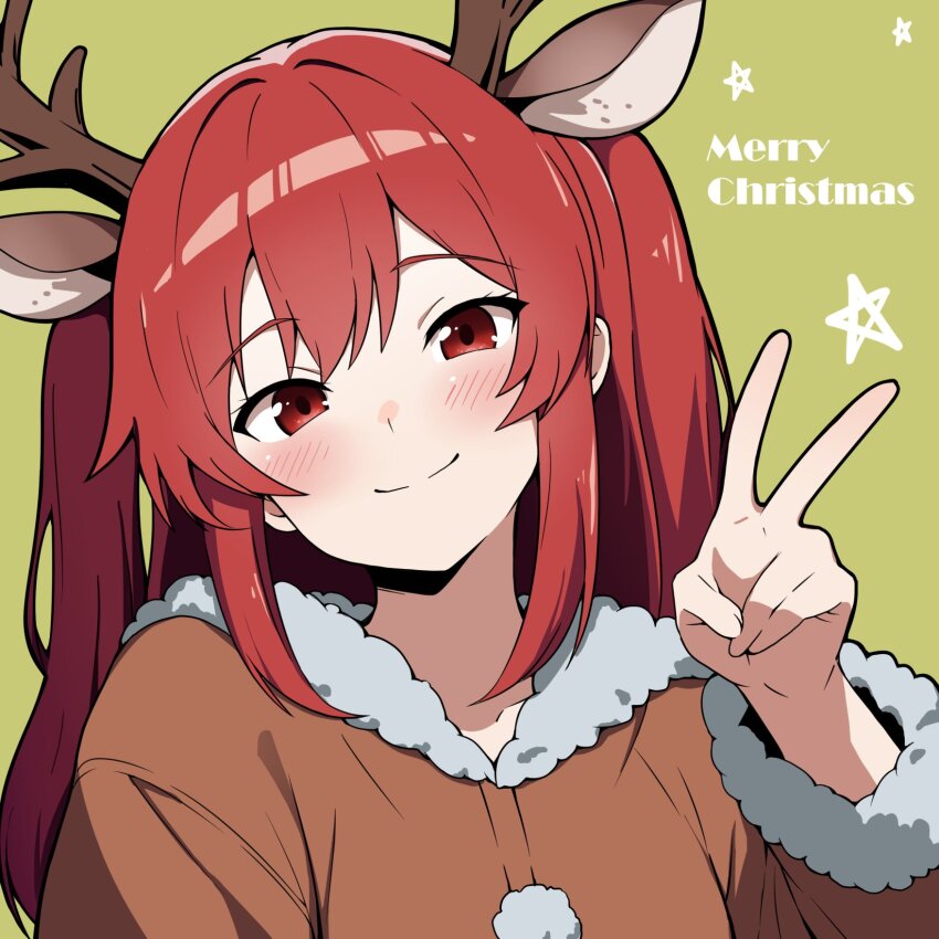 1girl alibina_(sentinel_girls) alternate_costume animal_ears breasts closed_mouth collarbone commentary_request deer_costume fake_animal_ears fake_horns hair_ornament highres horns ki-51_(ampullaria) long_hair looking_at_viewer sentinel_girls medium_breasts merry_christmas portrait red_eyes smile solo twintails v