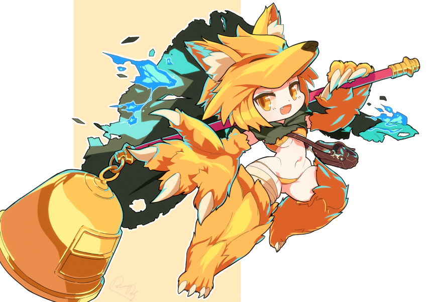 1girl :d animal_ear_fluff animal_feet animal_hands bell blonde_hair breasts cloak commission fang fox_hat full_body green_cloak highres hitodama holding holding_staff looking_at_viewer medium_breasts moonlight_flower navel open_mouth panties ragnarok_online reaching reaching_towards_viewer rikona short_hair signature skeb_commission smile solo staff torn_cloak torn_clothes two-tone_background underboob underwear white_background yellow_background yellow_eyes yellow_panties