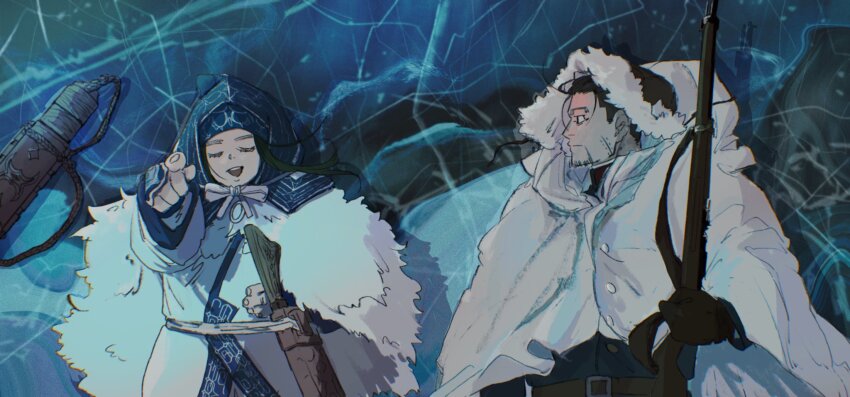 1boy 1girl ainu_clothes asirpa black_eyes black_hair cape closed_eyes facial_hair facial_scar fur_cape golden_kamuy gun highres holding holding_gun holding_weapon hood hooded_cape ice ksst000019 long_sleeves looking_at_another lying ogata_hyakunosuke on_back on_ice open_mouth pointing pointing_up scar scar_on_cheek scar_on_face smile stubble weapon