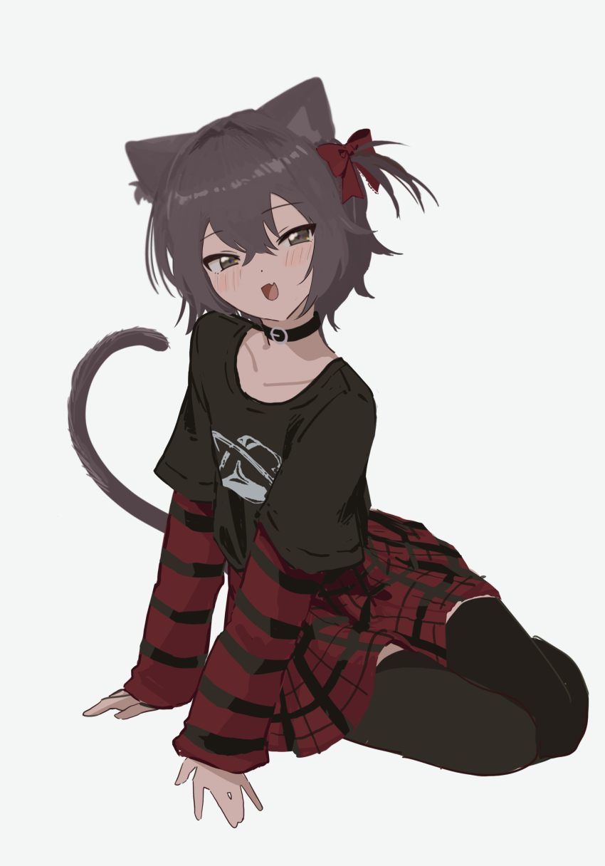 1girl :d absurdres animal_ears arm_support black_collar black_shirt blush bow brown_eyes brown_hair cat_ears cat_girl cat_tail collar collarbone dot_nose hair_between_eyes hair_bow head_tilt highres kgt_(pixiv12957613) layered_clothes long_sleeves looking_at_viewer one_side_up open_mouth original plaid_clothes plaid_skirt pleated_skirt print_shirt red_bow red_shirt red_skirt shirt short_hair short_sleeves sidelocks simple_background sitting skirt smile solo striped_clothes striped_shirt tail white_background yokozuwari