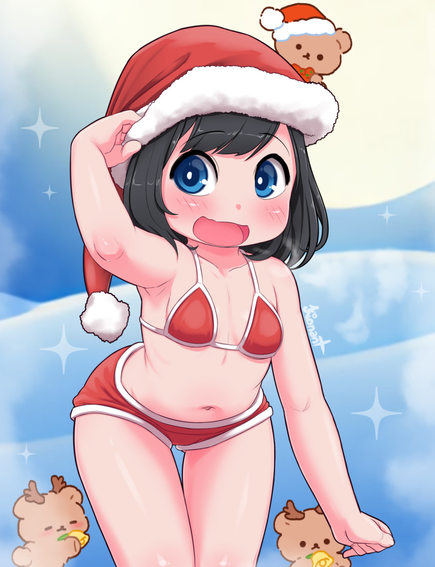 1girl adjusting_clothes adjusting_headwear armpits bare_shoulders bikini bikini_top_only black_hair blue_eyes christmas collarbone cowboy_shot creatures_(company) full_moon game_freak hat highres kionant leaning_forward moon navel night night_sky nintendo open_mouth pokemon pokemon_sm red_bikini red_hat red_shorts santa_hat selene_(pokemon) shiny_skin short_hair shorts sky smile solo standing swimsuit