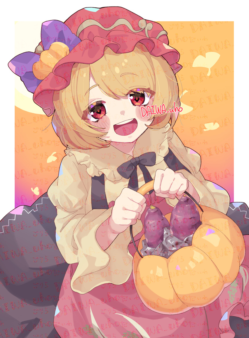 1girl absurdres aki_minoriko apron blonde_hair daiwa_uho halloween hat highres looking_at_viewer open_mouth red_apron red_eyes red_hat shirt short_hair solo touhou yellow_shirt