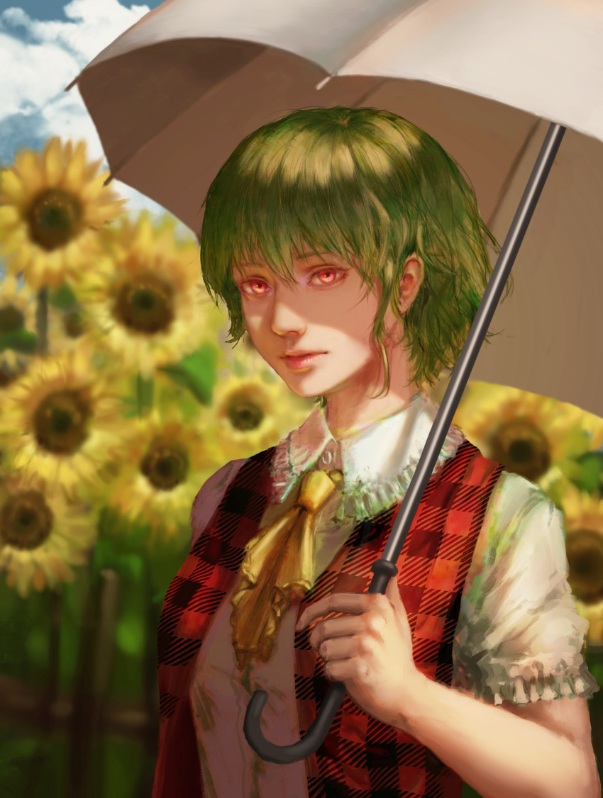 1girl alternate_eye_color arm_at_side ascot blue_sky blurry blurry_background breasts cloud collared_shirt commentary_request day frilled_ascot frilled_shirt_collar frilled_sleeves frills garden_of_the_sun green_hair hair_between_eyes highres holding holding_umbrella kazami_yuuka lips medium_breasts niz nose open_clothes open_vest outdoors parasol pink_eyes pink_lips plaid_clothes plaid_vest realistic red_eyes red_vest shirt short_hair short_sleeves sidelocks sky solo touhou umbrella upper_body vest wavy_hair white_shirt yellow_ascot