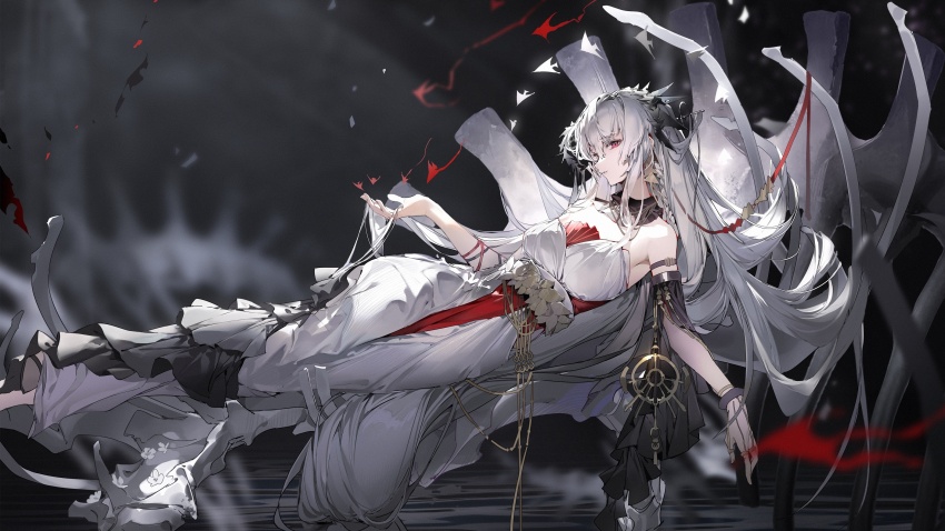 1girl ambience_synesthesia animal_skeleton arknights bare_shoulders bracelet breasts dadijiji detached_collar dress full_body hair_flowing_over hair_ornament hand_up highres holding holding_own_hair jewelry long_dress long_hair looking_at_viewer lying medium_breasts on_side profile red_eyes skadi_(arknights) solo strapless strapless_dress very_long_hair white_dress white_hair