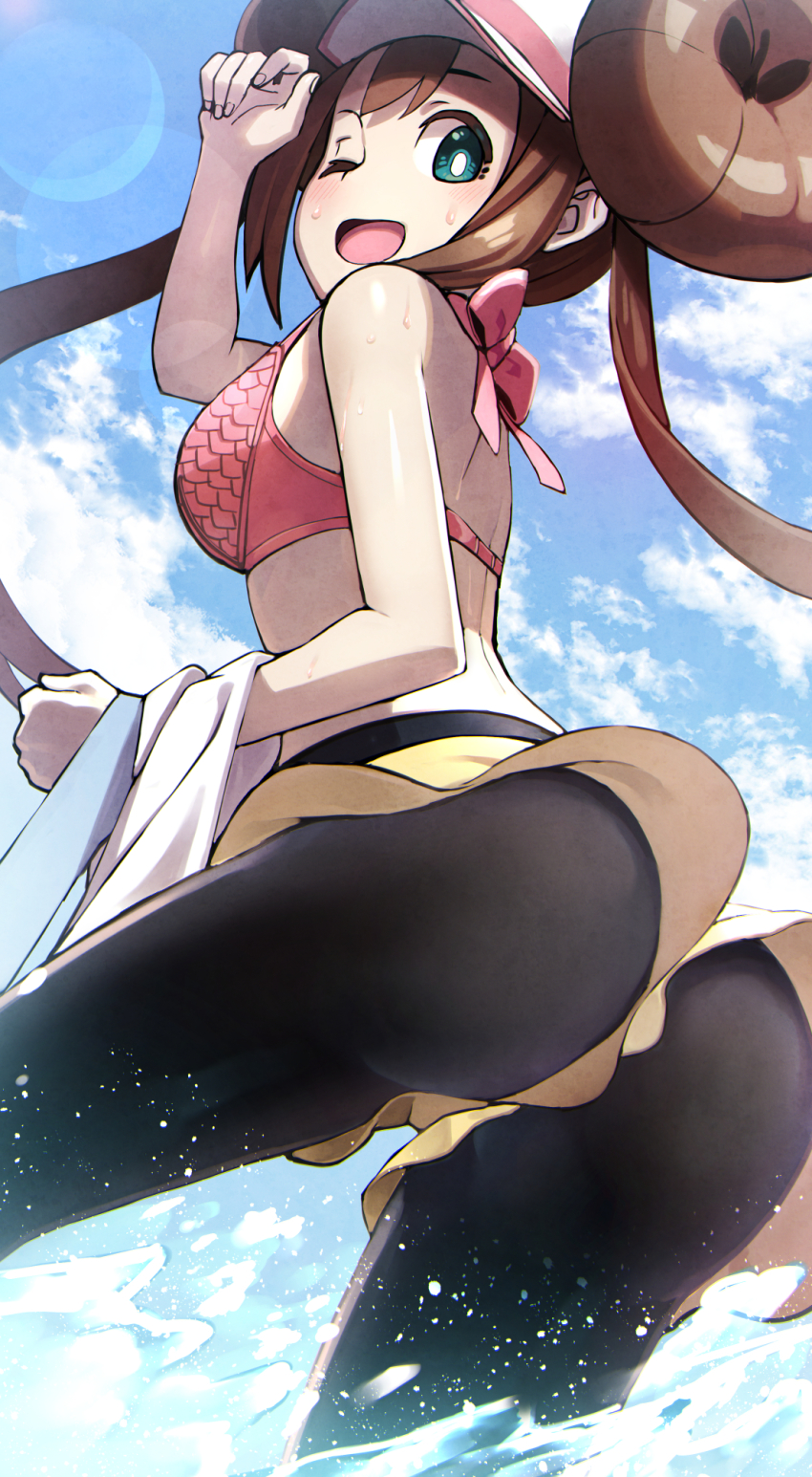 1girl ;d arm_up ass ass_focus bare_shoulders black_pantyhose blue_eyes blue_sky blush bow bra breasts bright_pupils brown_hair cloud creatures_(company) day doughnut_hair_bun from_behind from_below game_freak hair_bun highres long_hair looking_at_viewer looking_back looking_down medium_breasts nintendo one_eye_closed open_mouth outdoors pantyhose pantyhose_under_shorts pink_bow pink_bra pokemon pokemon_bw2 rosa_(pokemon) short_shorts shorts sky smile solo splashing tokumaro twintails underwear very_long_hair wading water white_headwear yellow_shorts