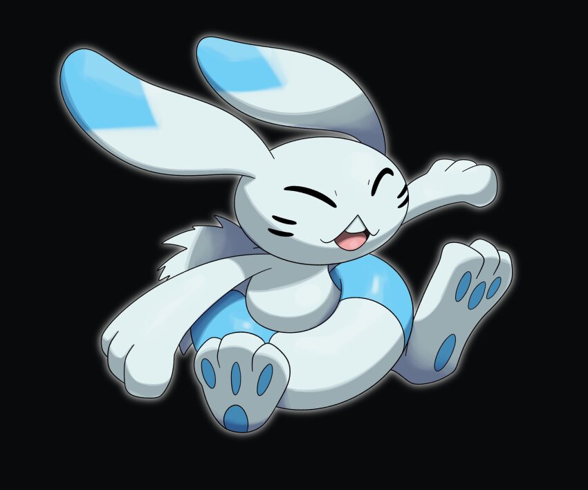 2024_pokemon_teraleak animal_ears black_background closed_eyes creatures_(company) fakemonforever game_freak highres nintendo no_humans open_mouth pawpads pokemon pokemon_(creature) pokemon_rse_(prototype) prototype_design rabbit_ears simple_background solo teeth upper_teeth_only warabbit white_fur