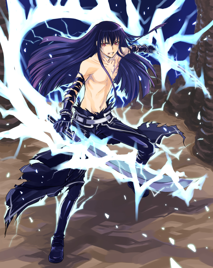 00s 1boy d.gray-man gloves highres kanda_yuu katana long_hair male_focus purple_hair red_eyes solo sword tattoo torn_clothes uonuma_yuu weapon