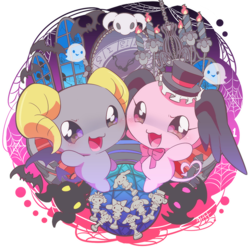 1boy 1girl azuki_(cinnamoroll) berry_(sanrio) black_skin character_doll cherry_(sanrio) chess_piece chibi chibi_only chiffon_(cinnamoroll) cinnamon_trip!! cinnamoroll colored_skin commentary_request creature demon demon_horns demon_tail demon_wings espresso_(cinnamoroll) fuwa_fuwa_cinnamoroll hiyoko_at horns lloromannic looking_at_viewer milk_(cinnamoroll) mocha_(cinnamoroll) pink_skin sanrio simple_background tail white_background wings