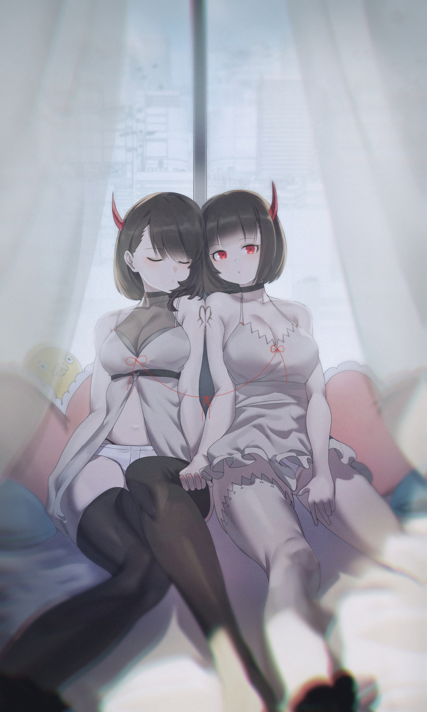 2girls :o absurdres bed black_choker black_hair black_panties breasts choker cleavage closed_eyes cover cover_page dress eyeshadow halterneck highres holding_hands horns huge_filesize ingan-i_neomu_gangham jin_rou large_breasts looking_at_viewer makeup medium_breasts multiple_girls navel novel_cover official_art open_hand panties red_eyes red_eyeshadow red_ribbon ribbon short_shorts shorts single_horn single_thighhigh sitting textless_version thighhighs underwear white_dress white_shorts window