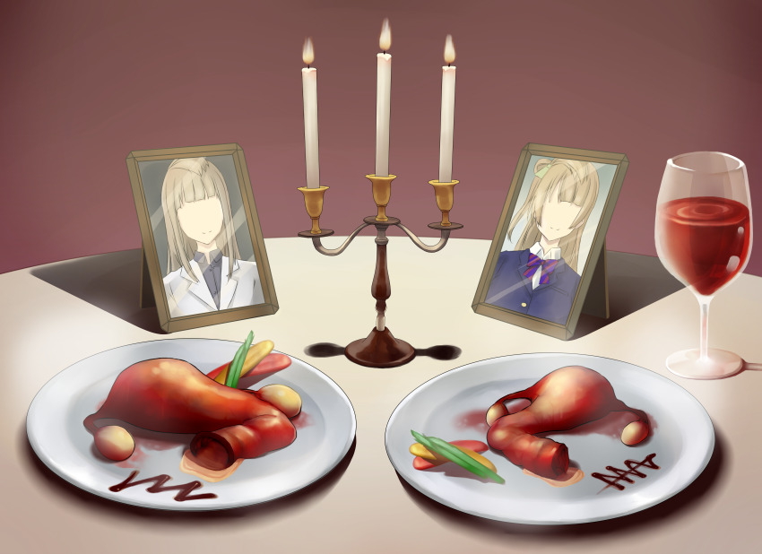 2girls absurdres alcohol candlestand cannibalism cervix cup death drinking_glass food guro highres love_live! love_live!_school_idol_project minami_kotori minami_kotori&#039;s_mother mother_and_daughter multiple_girls picture_frame plate table uterus wine wine_glass