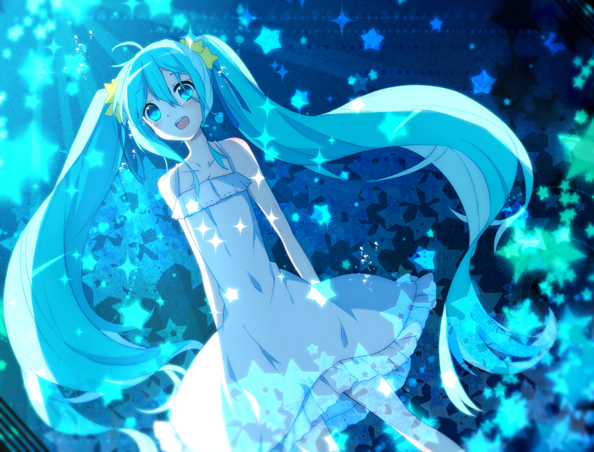 1girl ahoge aqua_eyes aqua_hair dress female_focus hair_between_eyes hatsune_miku ikari_(aor3507) long_hair open_mouth solo twintails very_long_hair vocaloid