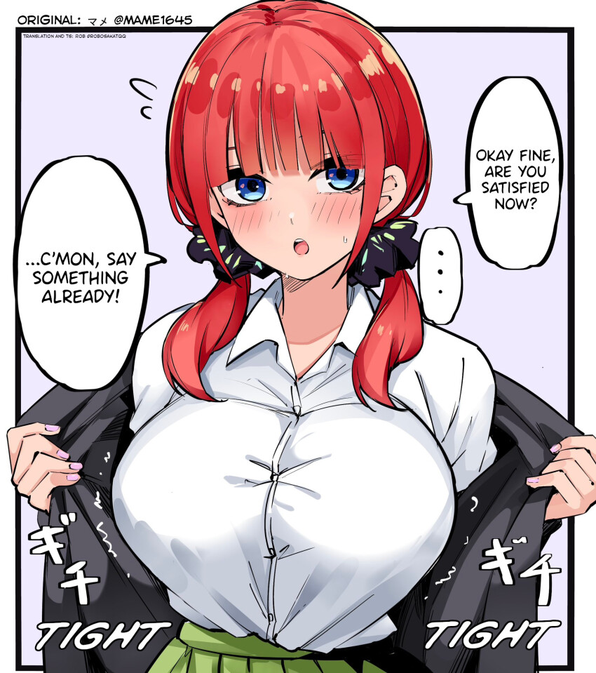 1girl artist_name black_jacket black_ribbon blue_eyes blush breasts butterfly_hair_ornament buttons go-toubun_no_hanayome green_skirt hair_ornament hair_ribbon hard-translated highres huge_breasts jacket looking_at_viewer mame1645 nail_polish nakano_nino open_mouth pink_nails pleated_skirt ribbon school_uniform shirt sidelocks skirt speech_bubble third-party_edit translated white_shirt