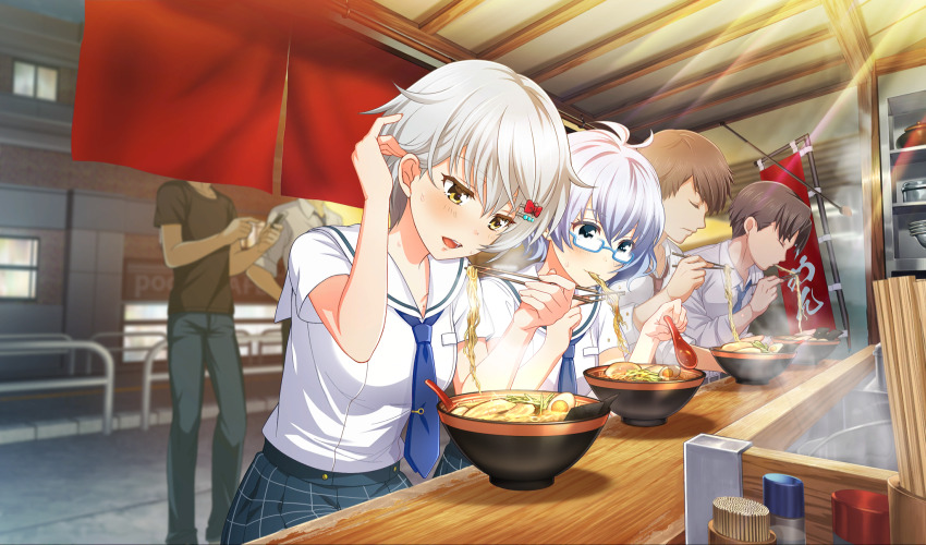 2girls aqua_eyes asahina_iroha blue-framed_eyewear blue_hair blue_necktie bow char-siu chinese_spoon chopsticks cinderella_series closed_mouth eating egg_(food) food food_in_mouth game_cg glasses grey_skirt hachigatsu_no_cinderella_nine hair_bow hair_ornament hairclip hase_maria highres holding holding_chopsticks holding_spoon light_blue_hair looking_at_food multiple_girls necktie non-web_source noodles official_art open_mouth plaid_clothes plaid_skirt pleated_skirt ramen red_bow road sailor_collar school_uniform semi-rimless_eyewear serafuku shirt short_hair short_sleeves sitting skirt spoon sweat under-rim_eyewear white_hair white_sailor_collar white_shirt yellow_eyes