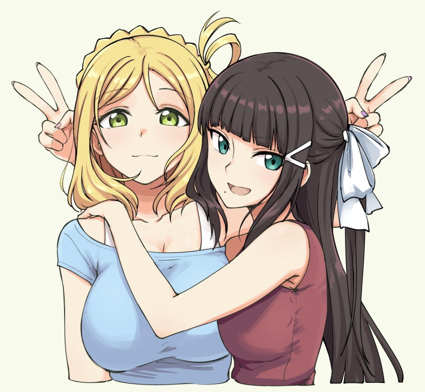 2girls :3 black_hair blonde_hair blunt_bangs braid breasts brown_hair cleavage commentary french_braid green_eyes hair_ornament hairclip half_updo kurosawa_dia large_breasts long_hair looking_at_viewer love_live! love_live!_school_idol_festival love_live!_sunshine!! medium_hair mole mole_under_mouth multiple_girls ohara_mari one_side_up pas_(paxiti) sidelocks simple_background smile upper_body v