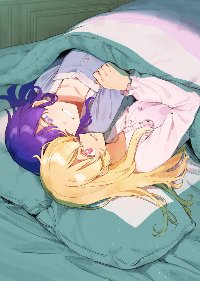 2girls aikatsu! aikatsu!_(series) blonde_hair commentary gobou_1000 grin heads_together highres hoshimiya_ichigo kiriya_aoi light_particles long_sleeves lying multiple_girls on_back open_mouth pillow pink_eyes pink_shirt purple_eyes purple_shirt shirt smile under_covers yuri