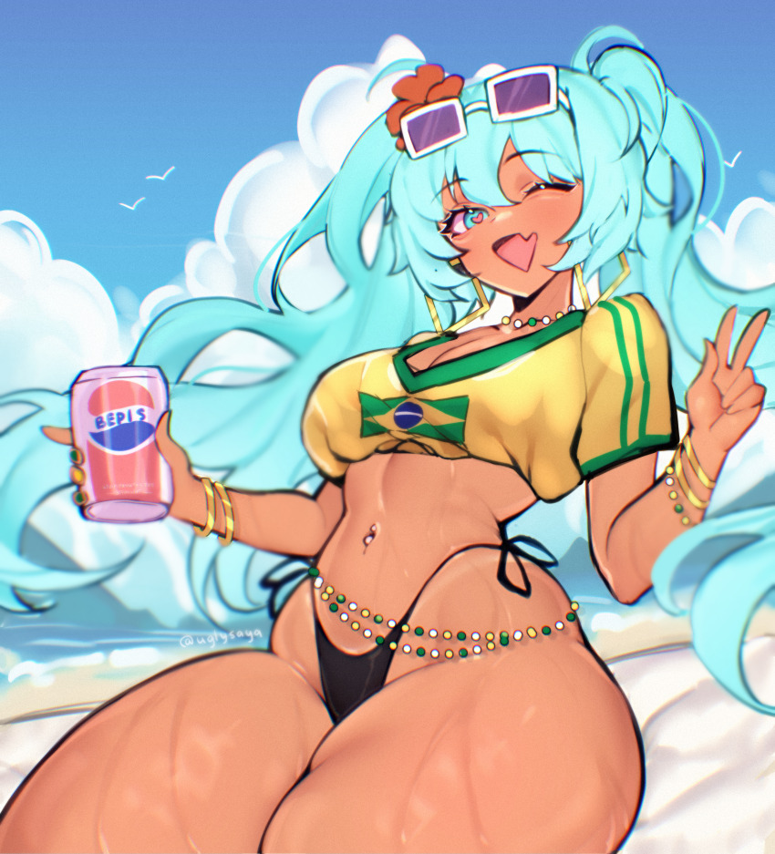 1girl absurdres belly_chain bepis_(meme) bikini bikini_under_clothes bracelet brazilian_flag brazilian_flag_print brazilian_miku earrings flag_print gold_earrings hatsune_miku highres jewelry meme multiple_bracelets navel_piercing non-web_source pepsi piercing self-upload solo swimsuit thick_thighs thighs uglysaya vocaloid white-framed_eyewear