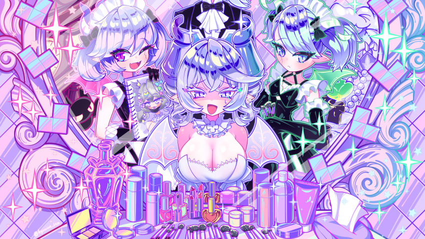 3girls arianna_the_labrynth_servant arianne_the_labrynth_servant bare_shoulders breasts cleavage demon_girl demon_horns demon_wings dress duel_monster green_eyes green_wings grey_eyes grey_hair heart-shaped_mirror highres horns hyeonin_gentora large_breasts looking_at_mirror lovely_labrynth_of_the_silver_castle maid maid_headdress makeup medium_hair mirror multiple_girls one_eye_closed pink_wings pointy_ears purple_eyes strapless strapless_dress transparent_wings twintails white_dress white_wings wings yu-gi-oh!