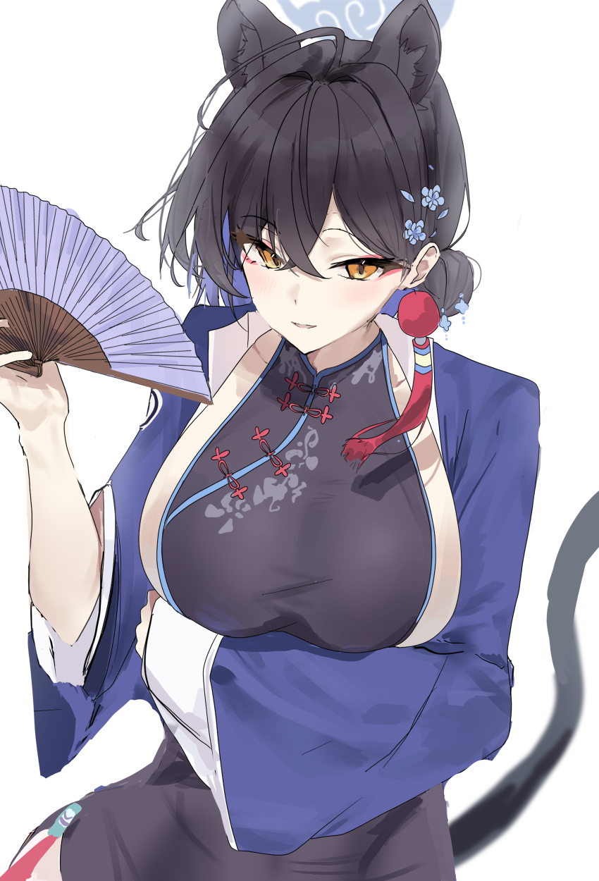 1girl absurdres ahoge animal_ears black_dress black_hair blue_archive china_dress chinese_clothes dress folding_fan hand_fan highres holding holding_fan kaguya_(blue_archive) looking_at_viewer short_hair simple_background smile solo tail white_background yellow_eyes yuusaoconomi