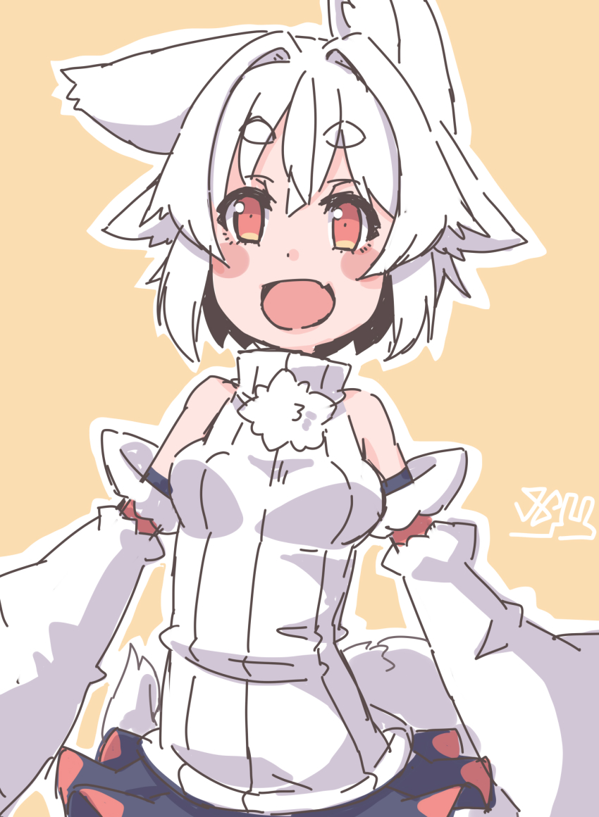 1girl :d animal_ears bare_shoulders black_skirt detached_sleeves highres inubashiri_momiji kuro-ekaki looking_at_viewer open_mouth outline red_eyes shirt short_hair simple_background skirt smile solo tail touhou white_hair white_outline white_shirt white_sleeves wolf_ears wolf_girl wolf_tail yellow_background