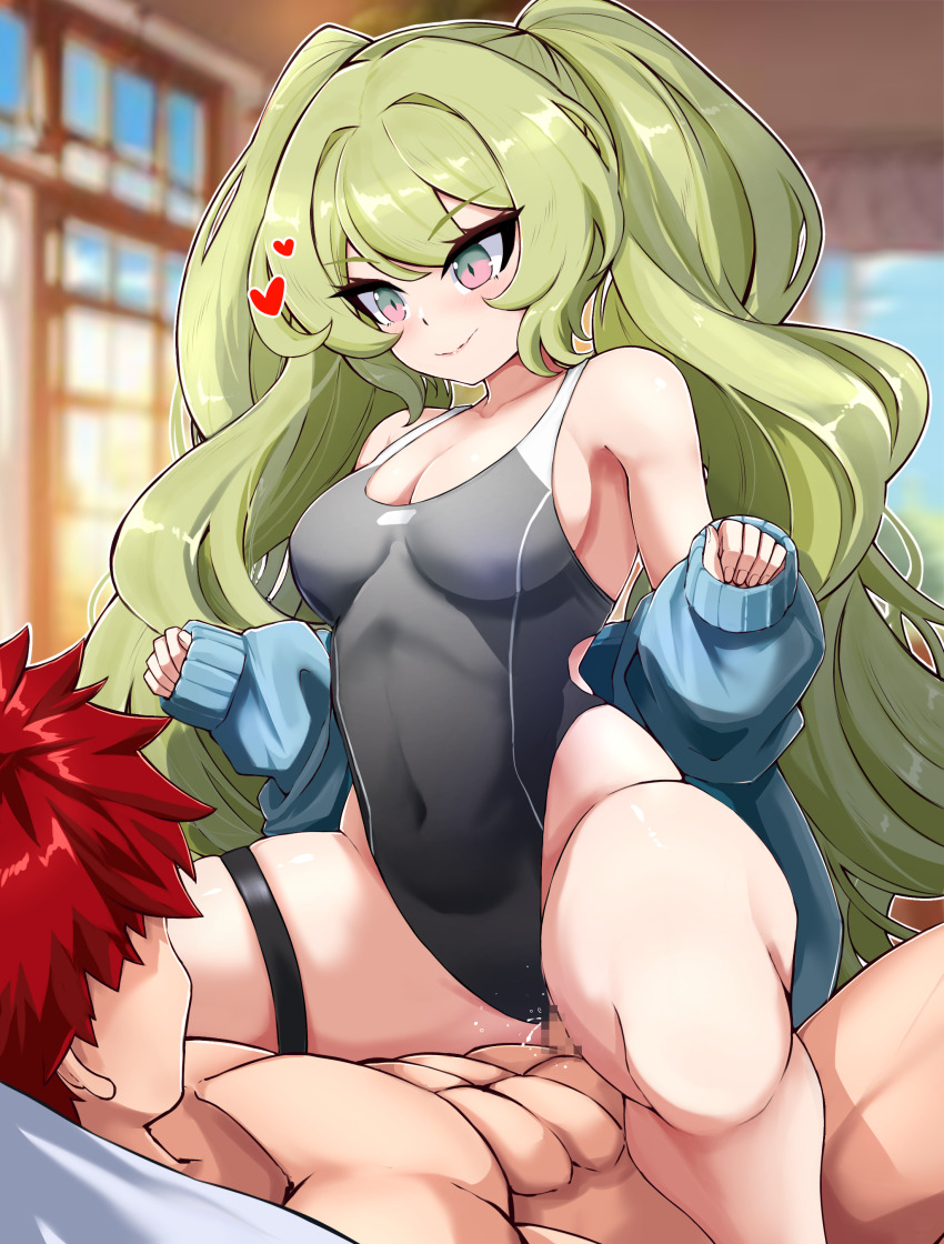 1boy 1girl abs absurdres black_one-piece_swimsuit blue_jacket blue_sky breasts captain_(honkai_impact) censored closed_mouth clothed_female_nude_male clothing_aside commentary covered_navel cowgirl_position english_commentary green_eyes green_hair heart hetero highres honkai_(series) honkai_impact_3rd jacket long_hair long_sleeves medium_breasts mobius_(honkai_impact) mosaic_censoring muscular muscular_male nude one-piece_swimsuit open_clothes open_jacket penis pussy red_hair sex sky slash-ex smile spiked_hair straddling swimsuit swimsuit_aside thigh_strap wavy_hair