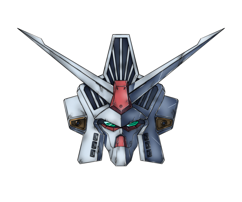 absurdres commentary_request green_eyes gundam gundam_0083 gundam_gp-02_physalis head_only highres kainansang looking_at_viewer mecha mobile_suit no_humans robot science_fiction simple_background v-fin white_background