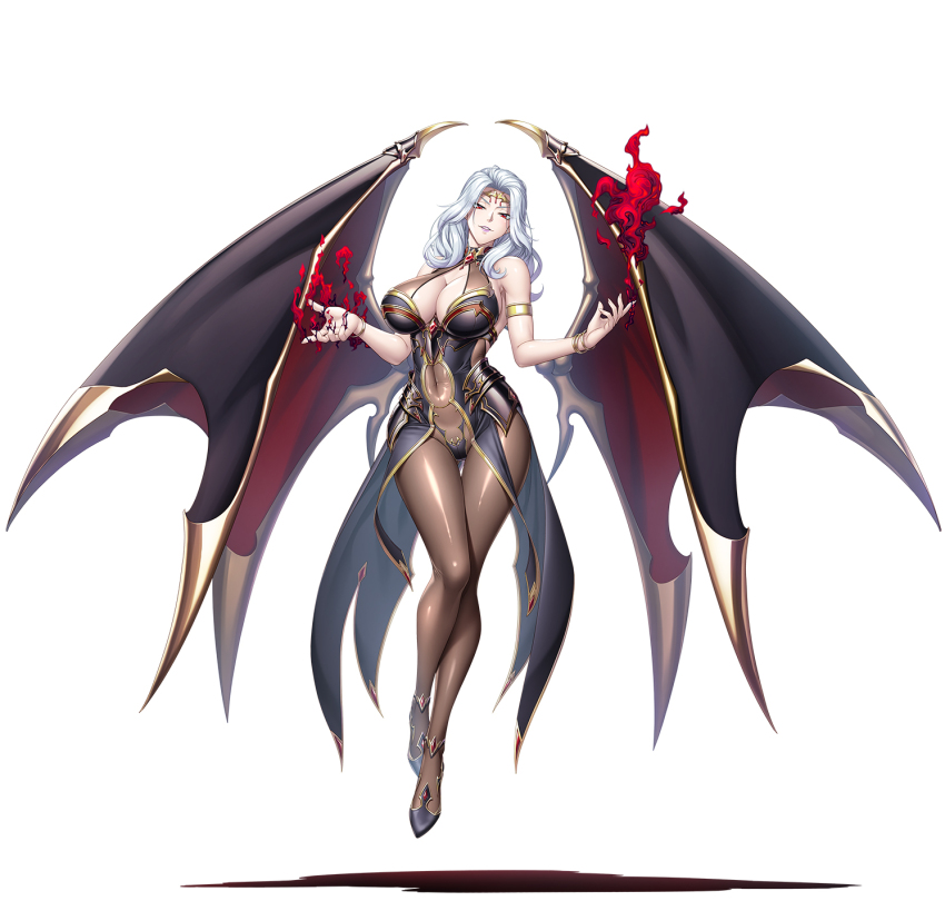 1girl 2023 bare_shoulders black_dress bodysuit breasts cara_cromwell cara_the_blood_lord cleavage cleavage_cutout clothing_cutout covered_navel curly_hair demon_wings dress full_body highres huge_breasts kagami_hirotaka large_breasts long_hair looking_at_viewer navel revealing_clothes sleeveless solo taimanin_(series) taimanin_rpgx vampire white_hair wings