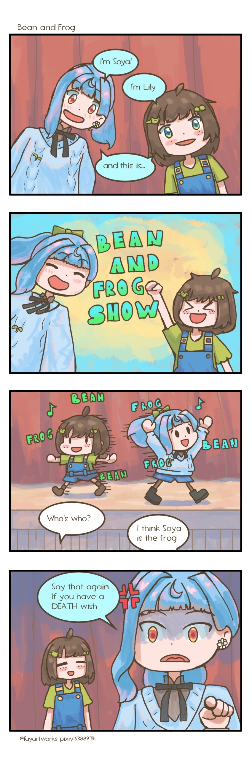 2024 2girls 4koma absurdres blue_hair blue_overalls brown_hair character_name child comic crossover english_text fayartworks freckles green_shirt highres indie_virtual_youtuber lily_hopkins multiple_girls overalls pointing shirt soyapoya_(vtuber) speech_bubble virtual_youtuber